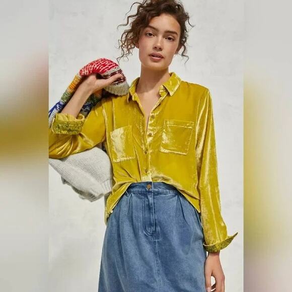 Anthropologie Pilcro Yellow Velvet Mara Button Up Pocket Shirt Top US 2 - Picture 1 of 8
